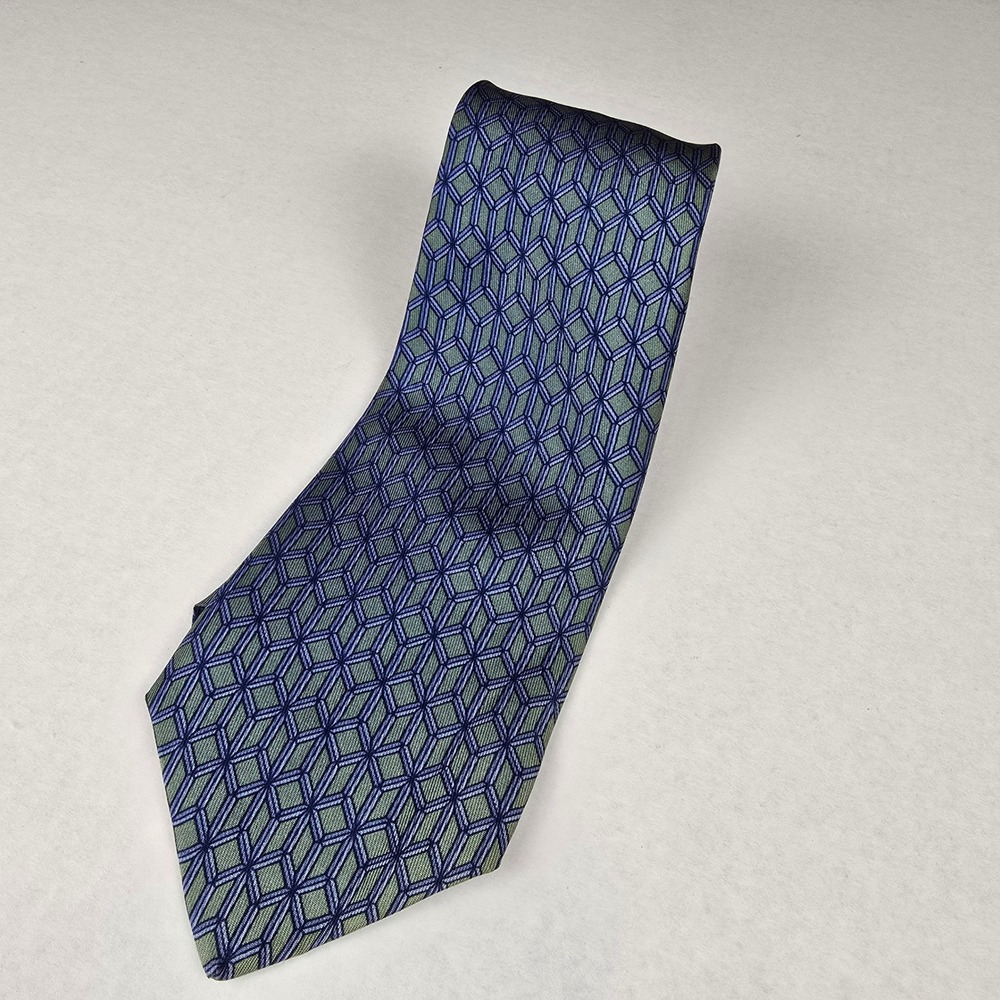 HERMES Paris 856 PA Silk Tie Blue‎ Green Geometric 3D Cube Neiman Marcus